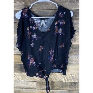 Mudd Womens Sz XL Black Floral Tie Front Cold Shoulder  Short Sleeve V-Neck Top